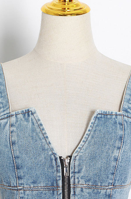 Sexy Contrast Color Spliced Cowboy Zipper Lower Hem Irregular Collect Waist Mini Dress TVE24937