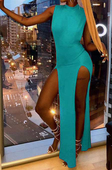 Pure Color Sexy Open Fork Sleeveless Personality Long Dress PU6081