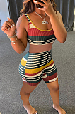 Color Striped Sleeveless U-Neck Thread Shorts Sets  QQX1211