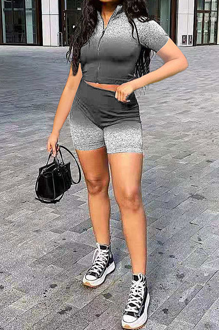 Casual Zipper Square Neck Gradual Change Positioning Printing Shorts Sets AMN8012