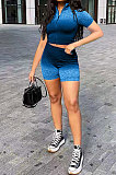 Casual Zipper Square Neck Gradual Change Positioning Printing Shorts Sets AMN8012
