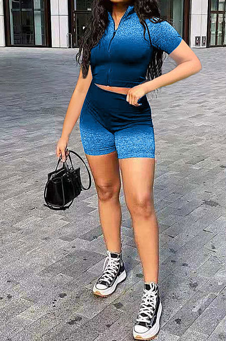 Casual Zipper Square Neck Gradual Change Positioning Printing Shorts Sets AMN8012