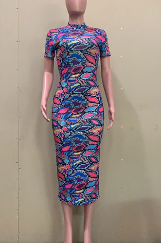 Trendy Women Printing Blue Midi Dress ASM6125