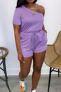 Summer Pure Color Mid Waist One Shoulder Loose Casual Jumpsuits TD8043 