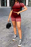 Casual Zipper Square Neck Gradual Change Positioning Printing Shorts Sets AMN8012