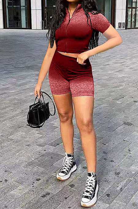 Casual Zipper Square Neck Gradual Change Positioning Printing Shorts Sets AMN8012