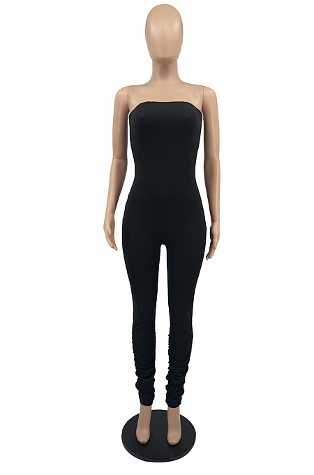 Sexy Boot Tube Top Night Club Pure Color Smoke Wrinkled Stretch Jumpsuits YYF8224
