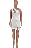 Euramerican Inclined Shoulder Two-Way Zipper Pure Color Dress CYY011