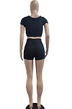 Fashion Pure Color Pocket Bandage Casual Shorts Sets AMN8013