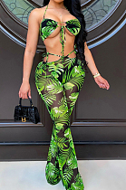 Euramerican Sling Bind Net Yarn Print Flared Long Pants Sets SY8808