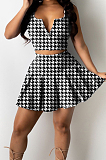 Fashion Casual V Neck Zipper Sleeveless Vest Pleated Skirt Two-Piece PQ8044