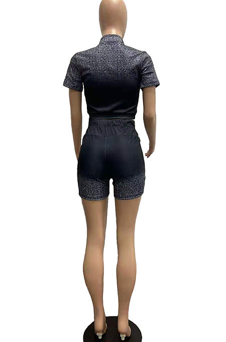 Casual Zipper Square Neck Gradual Change Positioning Printing Shorts Sets AMN8012