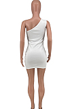 Euramerican Inclined Shoulder Two-Way Zipper Pure Color Dress CYY011