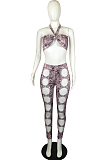 Sexy Snakeskin Printing Hang A Neck Boob Tube Top Hollow Out Long Pants Two-Piece QY5066