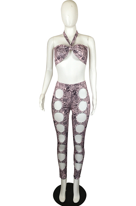 Sexy Snakeskin Printing Hang A Neck Boob Tube Top Hollow Out Long Pants Two-Piece QY5066