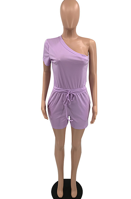 Summer Pure Color Mid Waist One Shoulder Loose Casual Jumpsuits TD8043 