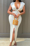 Fashion Sexy Pure Color V Neck Package Buttocks Open Fork Dress PQ8048