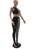 Fashion Casual Hurnt Flower Fold Spliced Sleeveless Vest Long Pant Open Fork Sets OEP6200