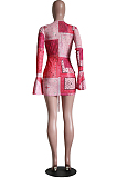 Sexy Tight V Neck Print Flared Long Sleeve Shirred Detail Dress SY8814