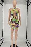 Women Fashion Tie Dye Printing Backless Mini Dress SMY8095