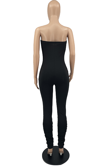 Sexy Boot Tube Top Night Club Pure Color Smoke Wrinkled Stretch Jumpsuits YYF8224