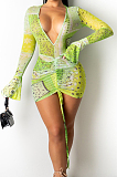 Sexy Tight V Neck Print Flared Long Sleeve Shirred Detail Dress SY8814