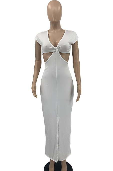 Fashion Sexy Pure Color V Neck Package Buttocks Open Fork Dress PQ8048