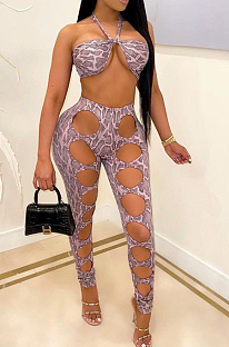 Sexy Snakeskin Printing Hang A Neck Boob Tube Top Hollow Out Long Pants Two-Piece QY5066