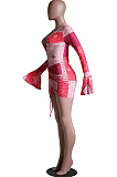 Sexy Tight V Neck Print Flared Long Sleeve Shirred Detail Dress SY8814