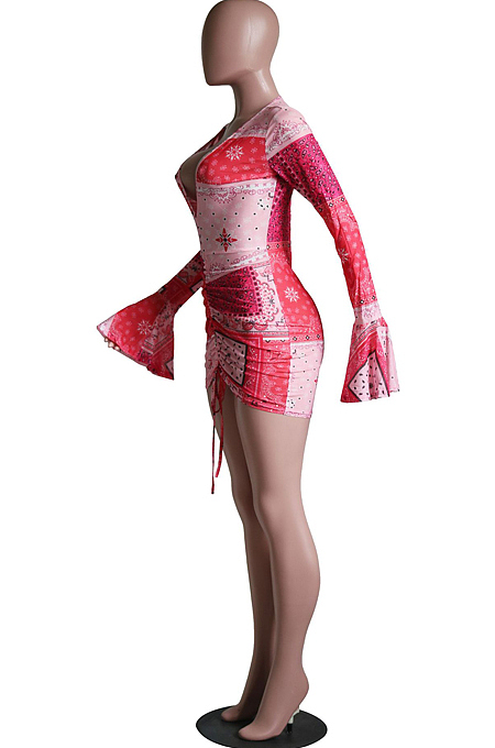 Sexy Tight V Neck Print Flared Long Sleeve Shirred Detail Dress SY8814