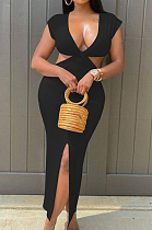 Fashion Sexy Pure Color V Neck Package Buttocks Open Fork Dress PQ8048