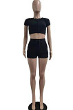 Fashion Pure Color Pocket Bandage Casual Shorts Sets AMN8013