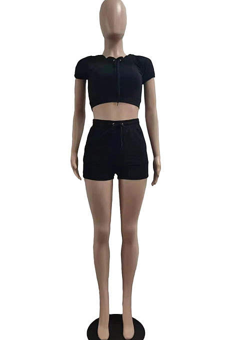 Fashion Pure Color Pocket Bandage Casual Shorts Sets AMN8013