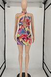 Women Fashion Tie Dye Printing Backless Mini Dress SMY8095
