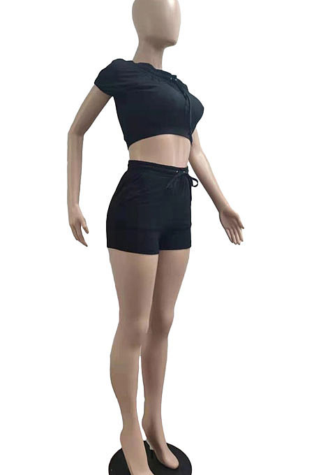 Fashion Pure Color Pocket Bandage Casual Shorts Sets AMN8013