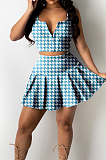 Fashion Casual V Neck Zipper Sleeveless Vest Pleated Skirt Two-Piece PQ8044
