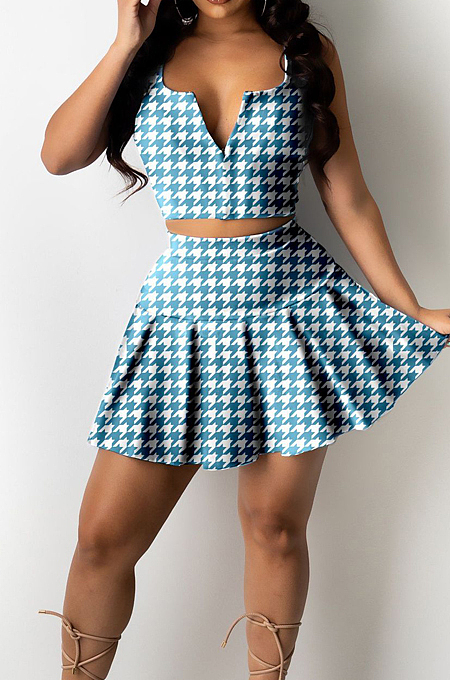 Fashion Casual V Neck Zipper Sleeveless Vest Pleated Skirt Two-Piece PQ8044