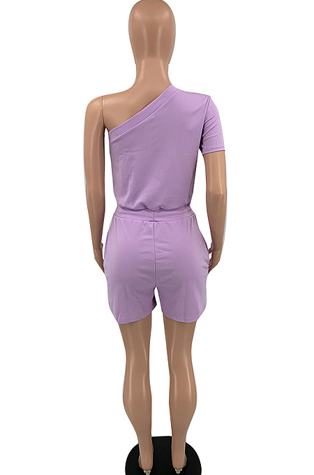 Summer Pure Color Mid Waist One Shoulder Loose Casual Jumpsuits TD8043 