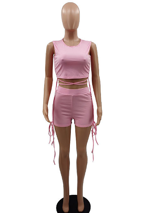 Shirred Detail Knotted Strap Short Sleeve Navel Exposure Pure Color Shorts Sets GB8009