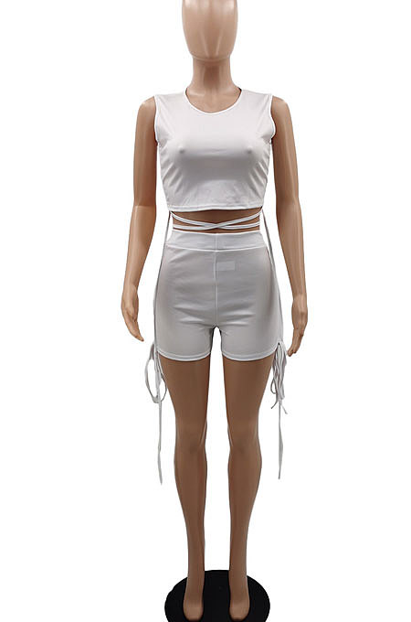 Shirred Detail Knotted Strap Short Sleeve Navel Exposure Pure Color Shorts Sets GB8009