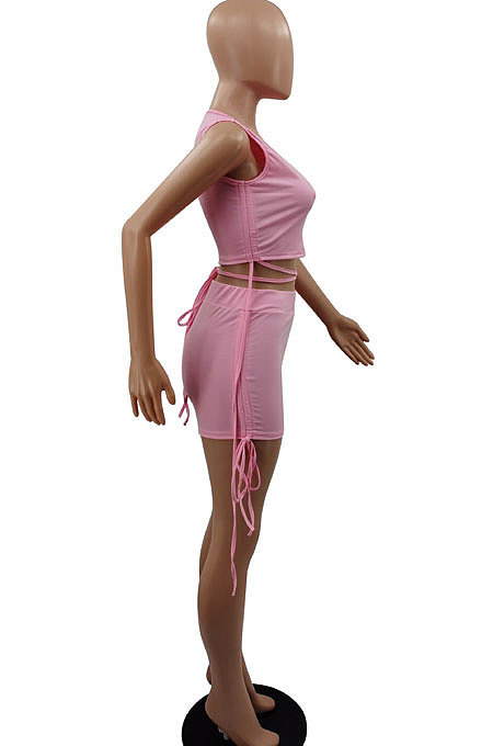 Shirred Detail Knotted Strap Short Sleeve Navel Exposure Pure Color Shorts Sets GB8009