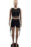 Shirred Detail Knotted Strap Short Sleeve Navel Exposure Pure Color Shorts Sets GB8009