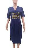 Casual Loose V Neck Letter Printing T Shirt Dress Have Pocket TK6182