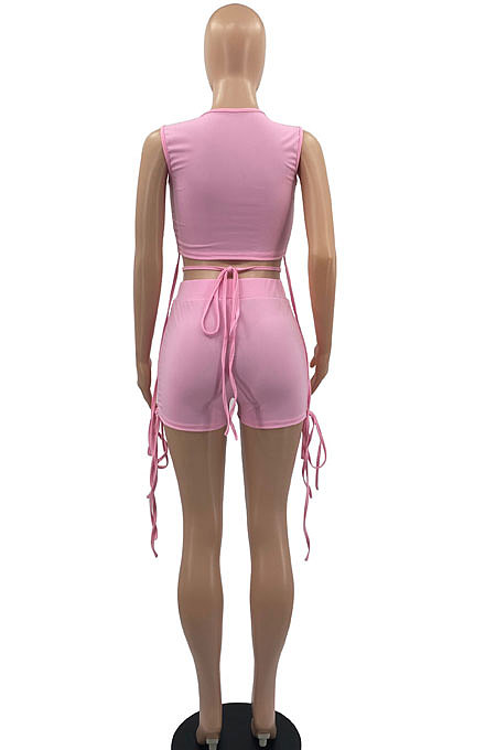 Shirred Detail Knotted Strap Short Sleeve Navel Exposure Pure Color Shorts Sets GB8009