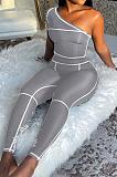 Fashion Pure Color Stretch Inclined Shoulder Long Pants Sports Sets YYF8225