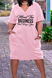 Casual Loose V Neck Letter Printing T Shirt Dress Have Pocket TK6182