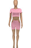 Trendy Casual Sexy Pure Color Short Sleeve Shorts Sets GLS7028