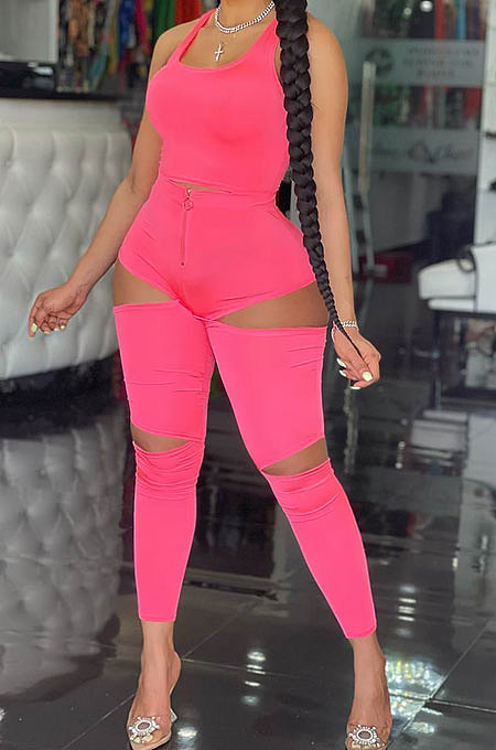Pure Color Fashion Sport Hollow Out Zipper Vest Long Pants Sets GL6387