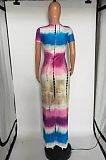 Tie Dye Fashion Sexy V Neck Short Sleeve Long Dress LJJ6062
