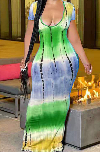 Tie Dye Fashion Sexy V Neck Short Sleeve Long Dress LJJ6062